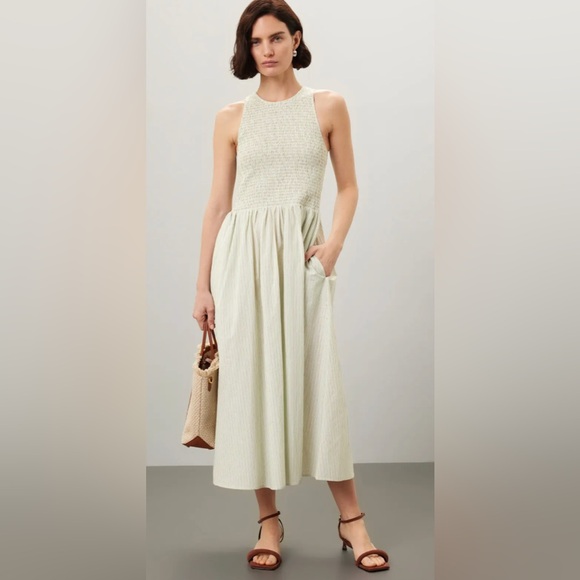 Madewell Dresses & Skirts - Madewell Sage Green Striped Smocked Midi Dress Size Large